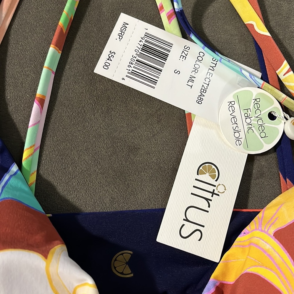 Citrus NWT bikini reversible navy/floral small orange purple white brown - Picture 3 of 7